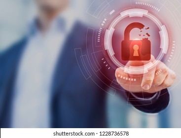 Security Breach, System Hacked, Internet Cyber Attack Alert With Red Broken Padlock Icon Showing Unsecured Data, Vulnerable Access, Compromised Password, Virus Infection, Businessman Touching Icon