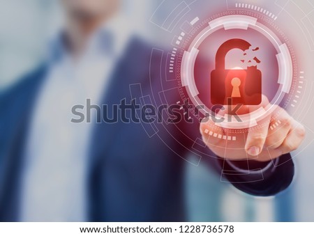 Security breach, system hacked, internet cyber attack alert with red broken padlock icon showing unsecured data, vulnerable access, compromised password, virus infection, businessman touching icon