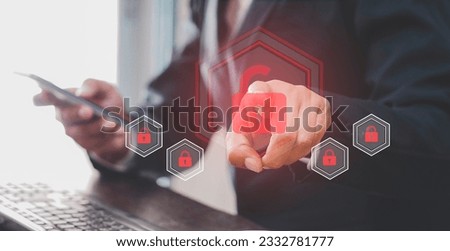 Security breach, system hacked, internet cyber attack alert with red broken padlock icon showing unsecured data, vulnerable access, compromised password, virus infection, businessman touching icon