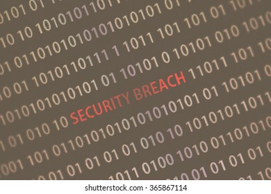 'Security breach' text in the middle of the computer screen surrounded by numbers zero and one. Image is taken in a small angle. Image has a vintage effect applied.