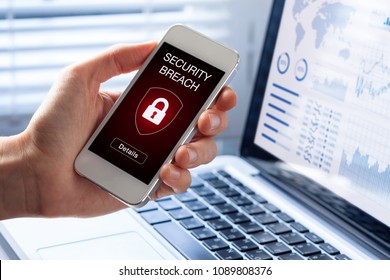 Security breach warning on smartphone screen, device infected by internet virus or malware after cyberattack by hacker, fraud alert with red padlock icon