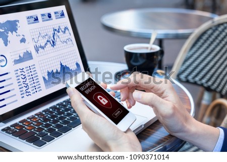 Security breach warning on smartphone screen while using public wifi hotspot, device infected by internet virus or malware after cyberattack, fraud alert with red padlock icon