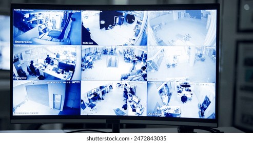 Security, business and computer with screen, control room and monitor with software interface. Law, compliance and pc with video system for cameras, protection and safety with multicam surveillance