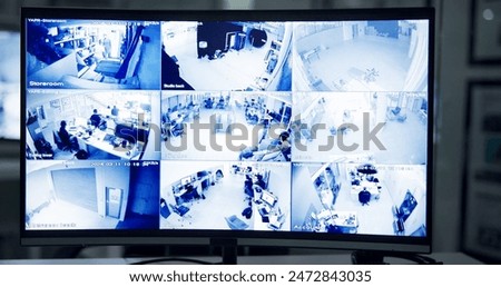Security, business and computer with screen, control room and monitor with software interface. Law, compliance and pc with video system for cameras, protection and safety with multicam surveillance