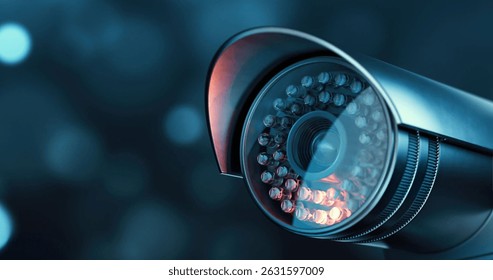 Security camera in a darkness with infrared sensor, we see it in close-up in blue colors