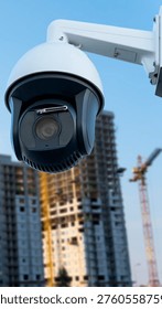 A security camera is fixed on a construction site where workers are visible in the background. The camera captures real-time actions in a busy area. Scaffolding and cranes are present.