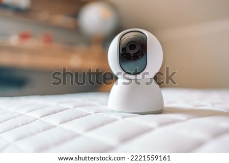 Security camera high tech smart gadget internet of thing smart home security technology, smart digital lifestyle home automation control online futuristic background