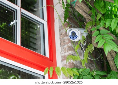 Security camera installed on a brick wall with green plants and a red-framed window nearby, showcasing a blend of technology and nature