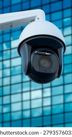 A security camera is installed on a structure featuring glass windows. The camera looks down towards the ground. The setting is bright and the glass reflects sunlight.