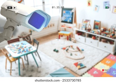 Security camera monitors a colorful kids playroom. IP CCTV camera in children room, nursery school, kindergarten school. IP CCTV camera and focuses on security and monitoring. Security in kids room