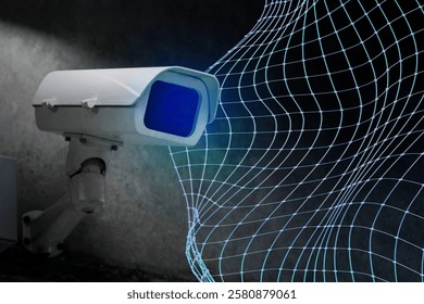 A security camera monitors a digital grid pattern. The camera captures the grid, highlighting surveillance technology. Security and surveillance in focus. Cctv and security, surveillance camera.