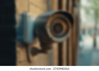 Security camera mounted on the side of a building for monitoring and surveillance.. blurred background.