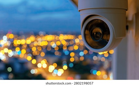 A security camera is mounted on a wall, with a blurred cityscape illuminated by city lights in the background.