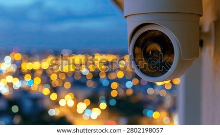 A security camera is mounted on a wall, with a blurred cityscape illuminated by city lights in the background.