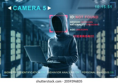 Security camera not recognizing hacker in hoodie using laptop in blurry server room interior. ID, scanning, data theft and cctv concept. Double exposure - Powered by Shutterstock