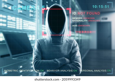 Security camera not recognizing hacker in hoodie standing in blurry server room interior. ID, scanning, data theft and cctv concept. Double exposure