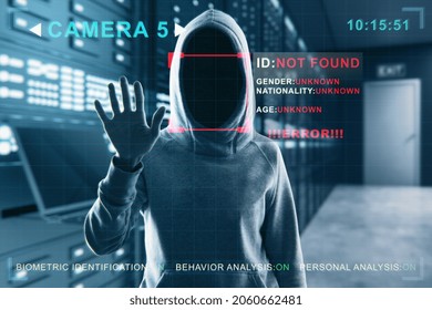 Security camera not recognizing hacker in hoodie standing in blurry server room interior. ID, scanning, data theft and cctv concept. Double exposure