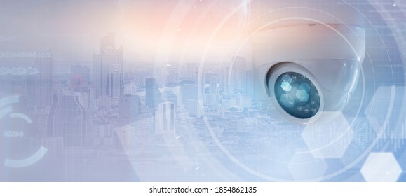 Security camera smart technology modern surveillance telecommunication wireless digital network access control, information graphical icon, copy space banner communication city sky sunset background