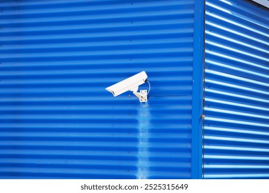 A security camera that is mounted securely on the side of a striking blue building provides surveillance for the surrounding area