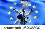 Security cameras European union flag. Pole with CCTV equipment. Security cameras on EU border. CCTV for tracking illegal activities. Security system in European union. Big brother. Crime protection