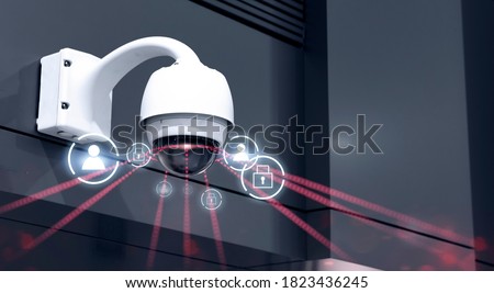 Security cctv camera surveillance device watching over people for safety modern technology, public area pedestrian walking through recording scene footage gathering information with graphical icon