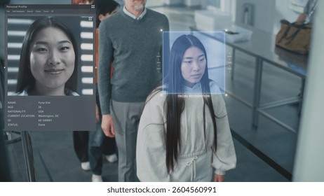 Security Checkpoint: Queue of Diverse Passengers Passing Biometric AI Face Scanning at Border Control in Airport Terminal. Advanced Facial Recognition Technology. People Screening for Boarding Flight.