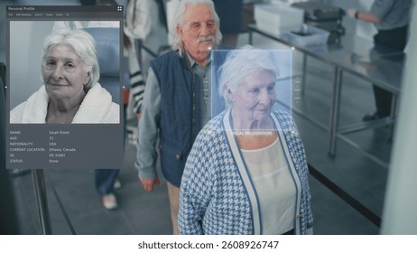 Security Checkpoint: Queue of Diverse Passengers Passing Biometric AI Face Scanning at Border Control in Airport Terminal. Advanced Facial Recognition Technology. People Screening for Boarding Flight.
