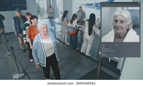 Security Checkpoint: Queue of Diverse People Passing Biometric AI Face Scanning at Border Control in Airport Terminal. Advanced Facial Recognition Technology Showing Passengers Passports Information.
