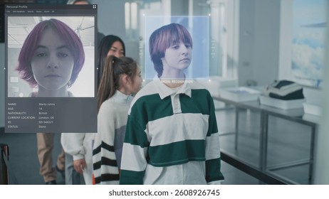 Security Checkpoint: Queue of Diverse People Passing Biometric AI Face Identification at Border Control in Airport Terminal. Advanced Facial Recognition Technology. Passengers Screening for Boarding.