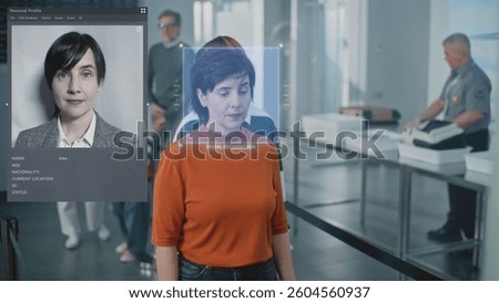 Security Checkpoint: Queue of Diverse People Passing Biometric AI Face Identification at Border Control in Airport Terminal. Advanced Facial Recognition Technology. Passengers Screening for Boarding.