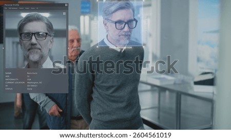 Security Checkpoint: Queue of Diverse People Passing Biometric AI Face Identification at Border Control in Airport Terminal. Advanced Facial Recognition Technology. Passengers Screening for Boarding.