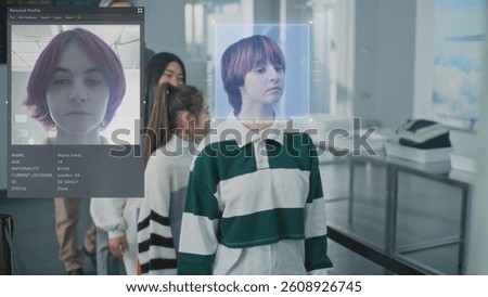 Security Checkpoint: Queue of Diverse People Passing Biometric AI Face Identification at Border Control in Airport Terminal. Advanced Facial Recognition Technology. Passengers Screening for Boarding.