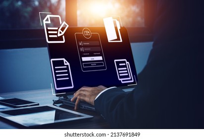 Security Computer login  businessman working laptop computer on virtual screen, documents with checkbox lists,login and password, cyber security concept, data protection and secured internet access - Shutterstock ID 2137691849