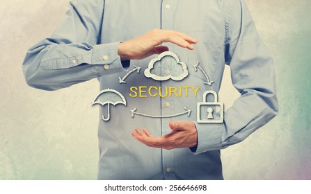 Security Concept Design Using Umbrella, Cloud and Lock, with Arrows, Between Human Hands on an Light Blue Background