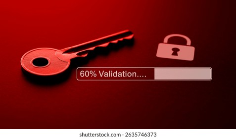 Security concept with key and lock, illustrating validation process at 60 under a red glow. Symbolic of digital safety and data verification measures.