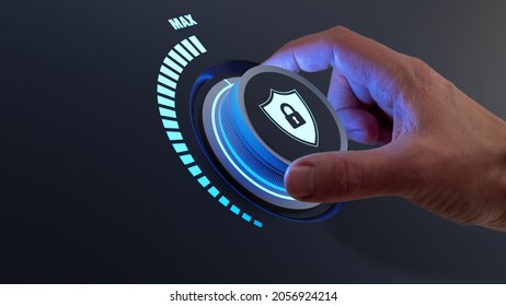 Security concept with person increasing the protection level by turning a knob. Selecting highest defence against cyber attack. Digital crime and data privacy on internet. Cybersecurity. - Shutterstock ID 2056924214