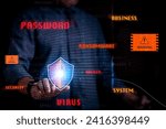 Security concept. Vigilant cyber protection is crucial as a warning against hackers, viruses, and ransomware threats, ensuring security of passwords and defending against cyber attacks on networks