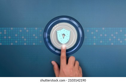 Security data technology, identity verification, and personal privacy concept. Shield icon and hand pushing a digital button on blue network symbol and random numbers code background, minimal style.