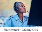 Security dispatch, communication headset and black woman talking, speaking and check surveillance system. Conversation, support consultation and helping African person chat about crime safety service