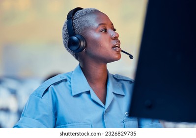 Security dispatch, communication headset and black woman talking, speaking and check surveillance system. Conversation, support consultation and helping African person chat about crime safety service