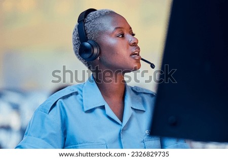 Security dispatch, communication headset and black woman talking, speaking and check surveillance system. Conversation, support consultation and helping African person chat about crime safety service ストックフォト © 
