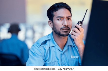 Security dispatch man, computer and walkie talkie communication, speaking and monitor crisis, CCTV or surveillance. Emergency radio, support consultation and crime safety person focus on problem
