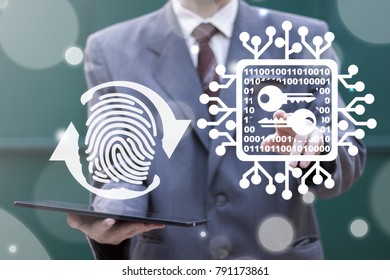 Security and Encryption Access Cyber Data. Man using virtual interface offers fingerprint circular arrow and presses circuit board keys button. Secure Microchips Computing Information Technology. - Powered by Shutterstock - Get 15% off with code: PIKWIZARD15