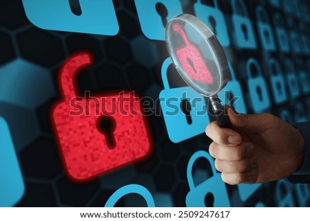 Security engineer identifying information security vulnerability in internet network system. Unlocked padlock icon and many other locked padlock icons. Hand holding magnifying glass.