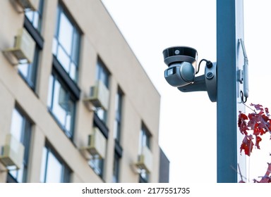 Security equipment concept - cctv camera on house pole Security system zone monitoring.