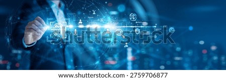 Security expert drawing network connection and biometric authentication systems, enabling fingerprint, face recognition, secure access, and global networking through biometric technology.