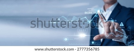 Security expert pointing at data network and Biometric Security on digital interface. Fingerprint recognition, facial scanning technology, identity verification, and advanced cyber safety.