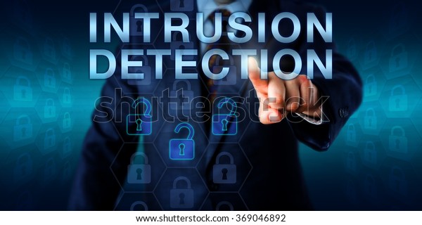 Security\
expert is pushing INTRUSION DETECTION on a touch screen interface.\
Three opened lock icons among otherwise locked virtual padlocks are\
highlighted. Technology and business\
concept.