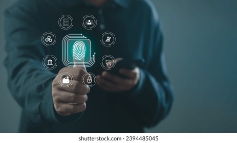 Security of future finger print technology and Cybernetics on the Internet concept, fingerprint scanning allows access to security and identification of big Data businesses, bank and Cloud Computers. - Powered by Shutterstock