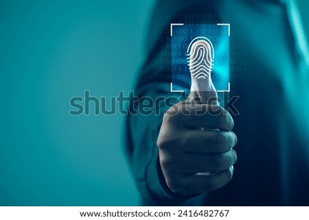Security of future finger print technology and Cybernetics on the Internet concept, fingerprint scanning allows access to security and identification of big Data businesses, bank and Cloud Computers.